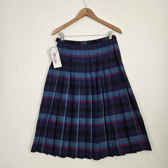 VTG Tan Jay Wool Blend Pleated Plaid Skirt Sz 14* Blue Teal Pink Preppy Academia - Picture 6 of 12